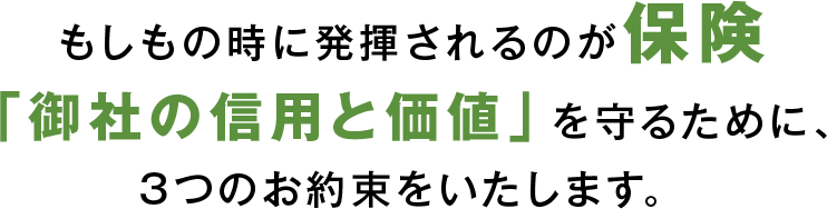 もしもの時に発揮されるのが保険 「御社の信用と価値」を守るために、 3つのお約束をいたします。