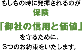 もしもの時に発揮されるのが保険 「御社の信用と価値」を守るために、 3つのお約束をいたします。